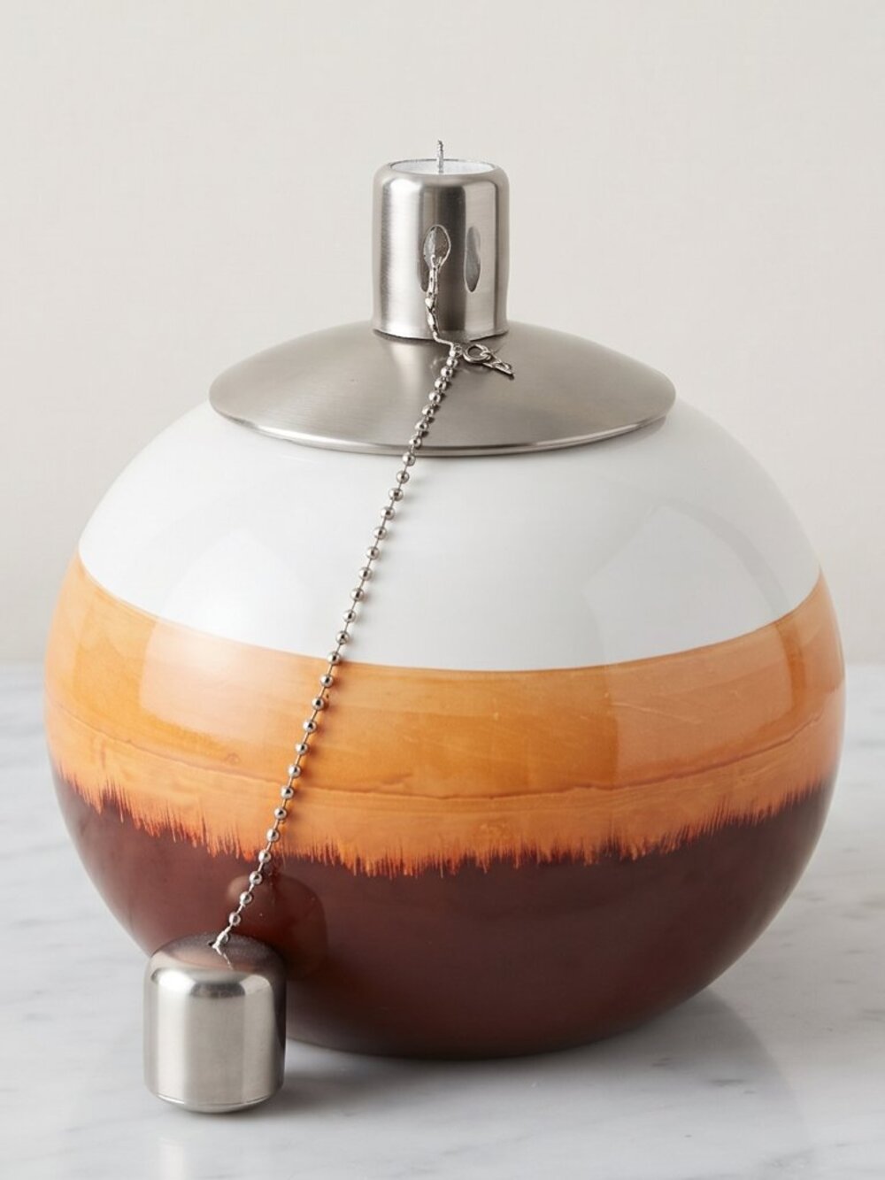 VTG Glass Fragrance Oil Lamp Mid Century Modern Amber White Glass Metal Wick 7"